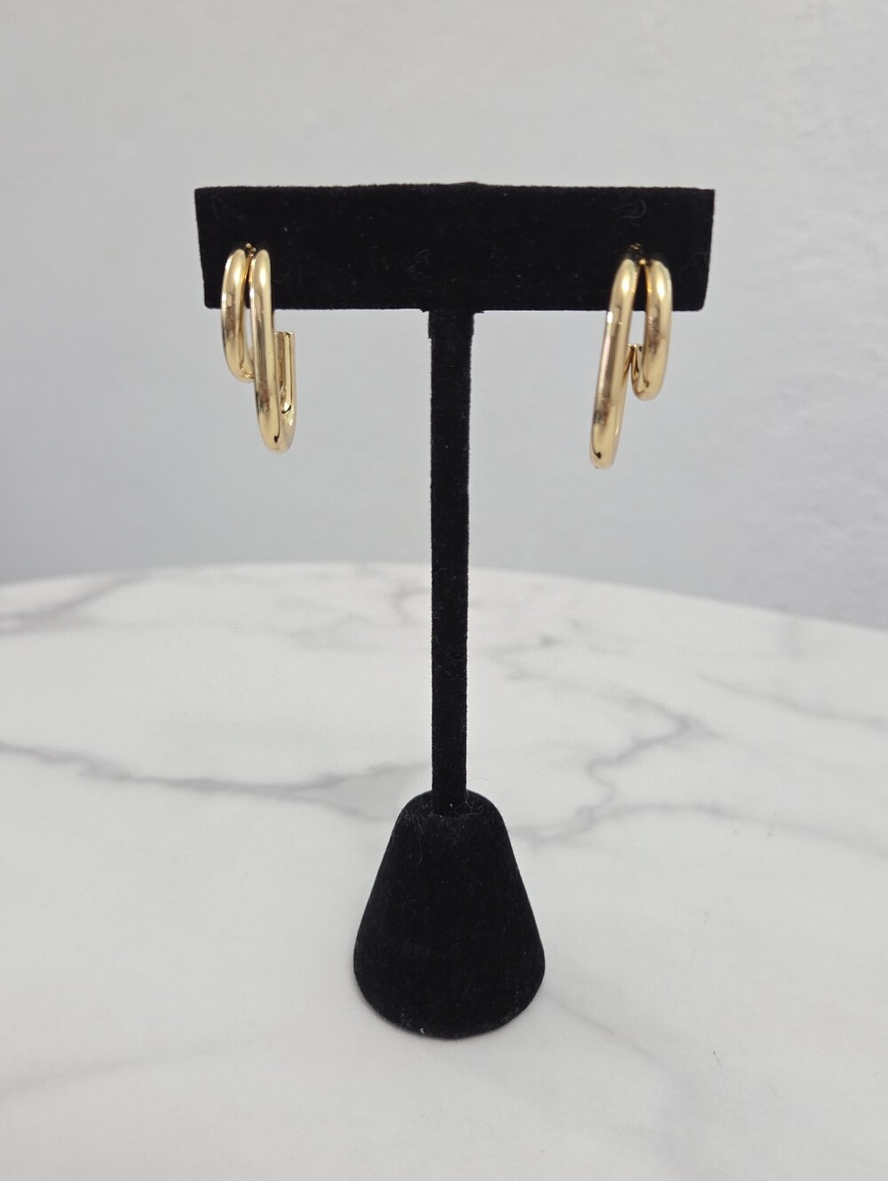 Gold Double Hoop Earrings Chubby Oval Huggie Hoops Statement - Picture 7 of 12